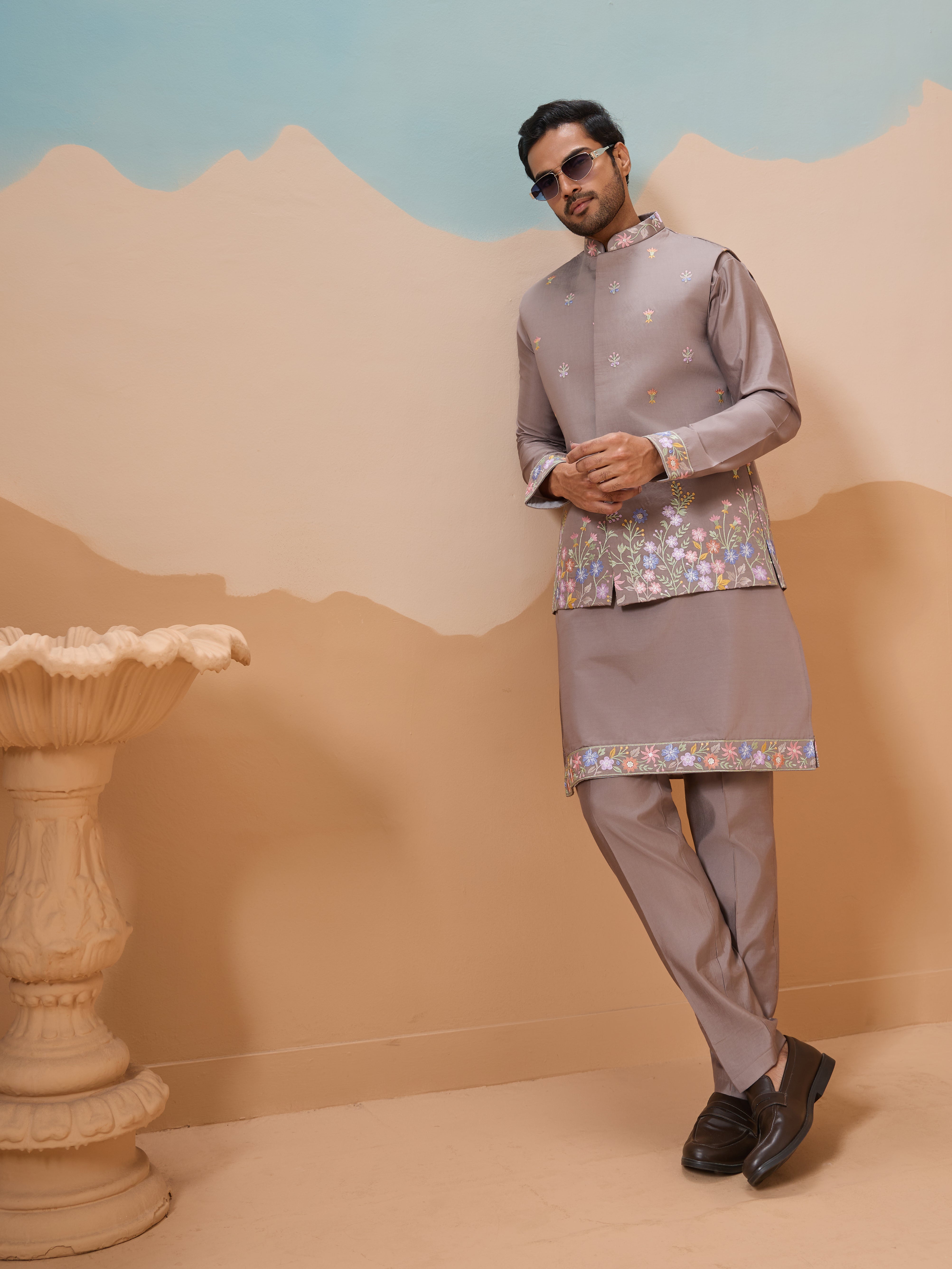 Elegant Grey Embroidered Koti Kurta Pant for Mens Vendor