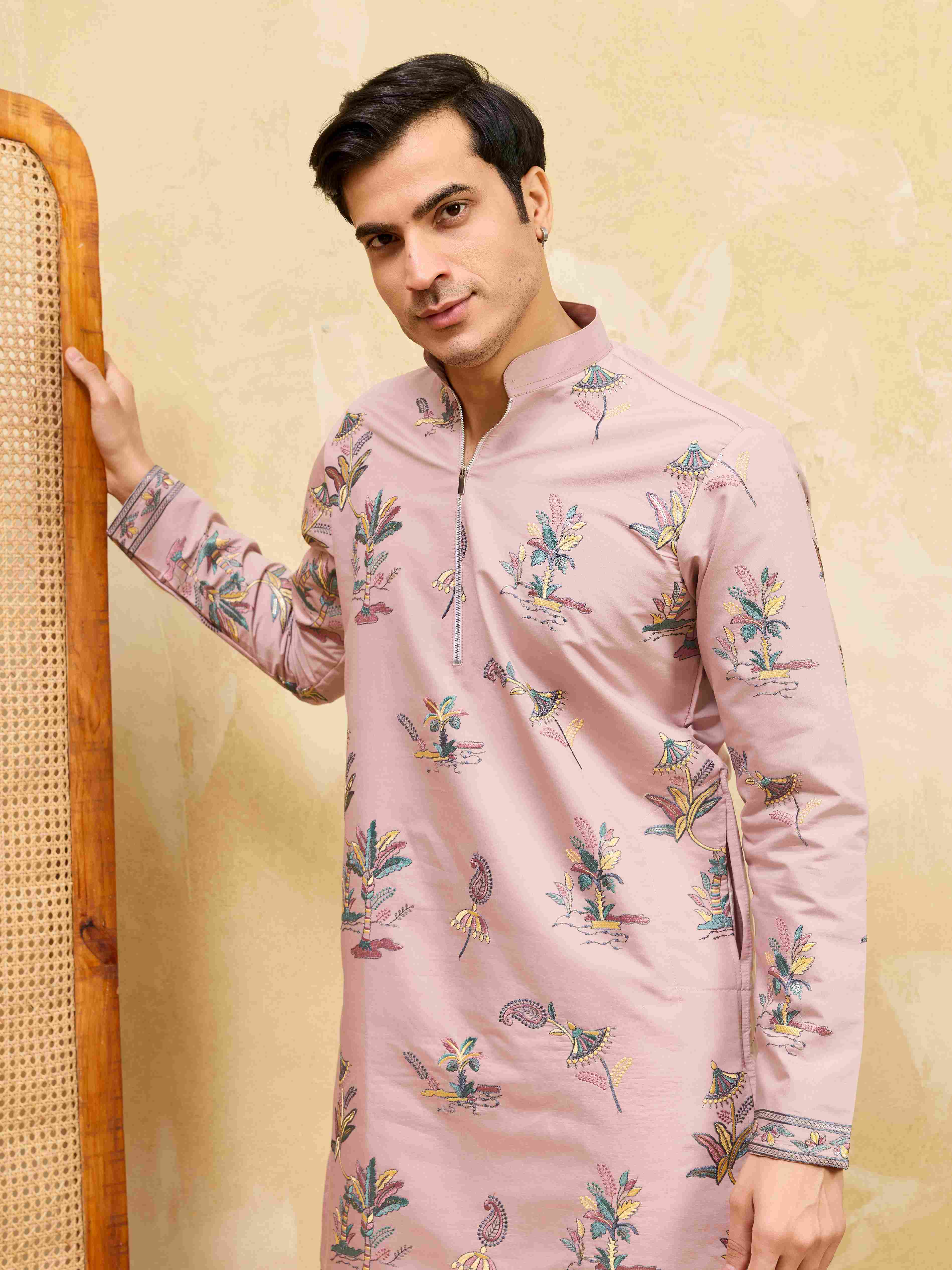 Designer Pink Viscose Silk Ethnic Kurta Set