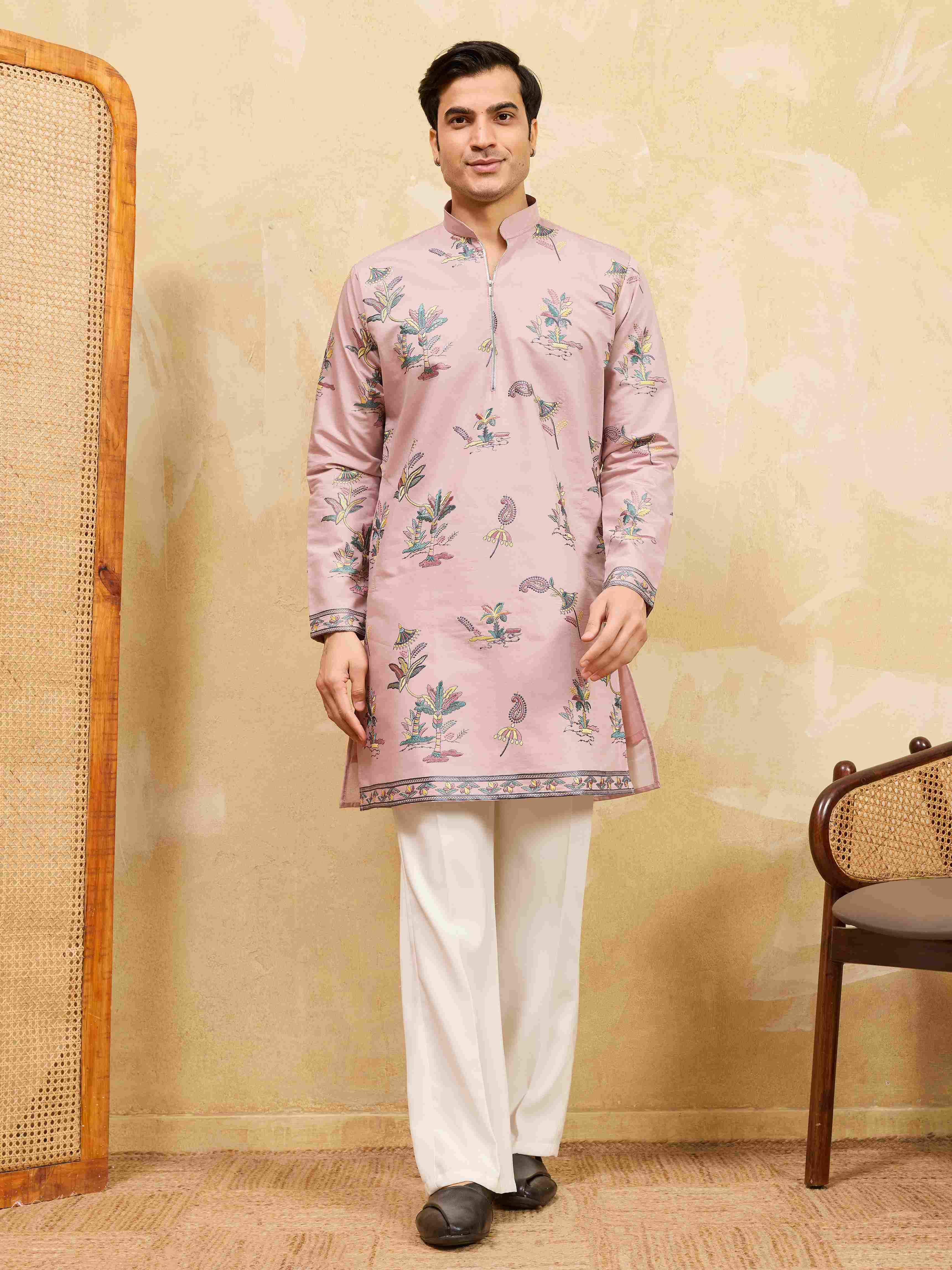 Designer Pink Viscose Silk Ethnic Kurta Set