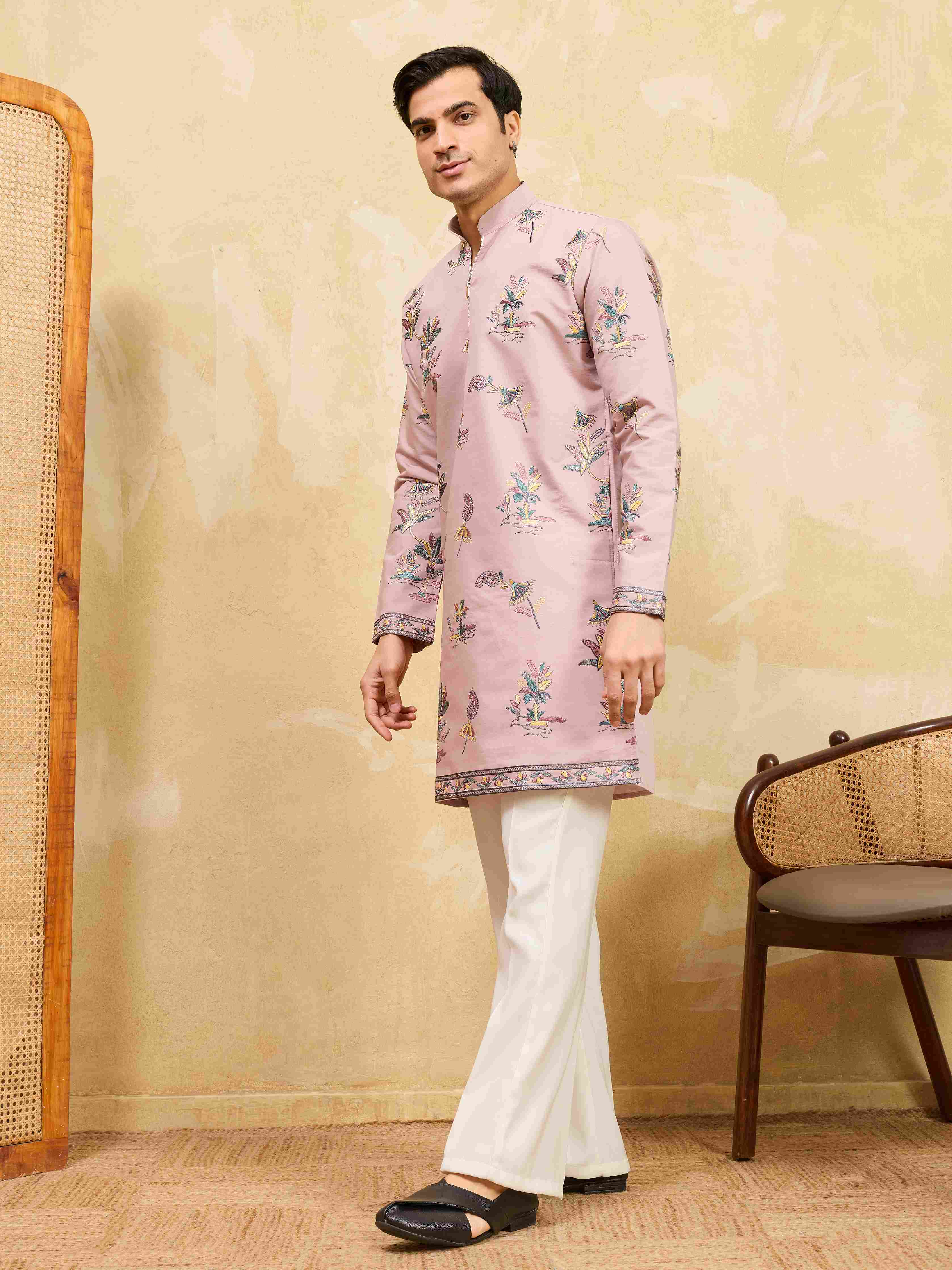 Designer Pink Viscose Silk Ethnic Kurta Set