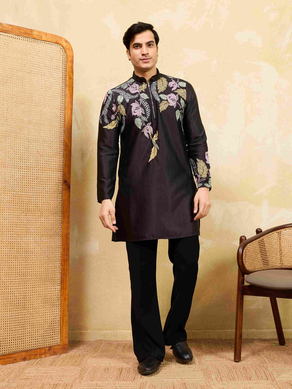 Men's Black Floral Embroidery Kurta