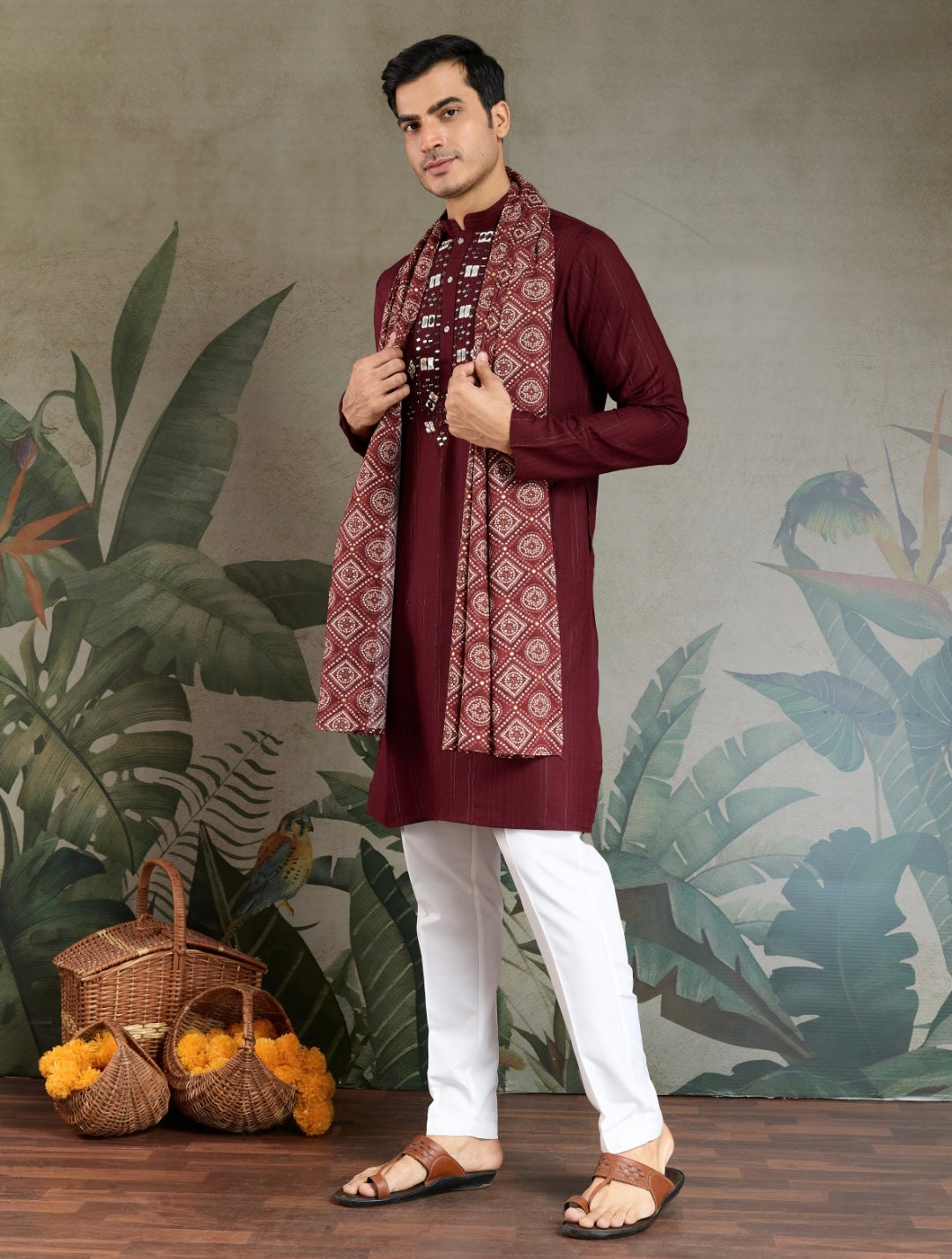 Traditional Maroon Mirror Embroidered Kurta with Dupatta
