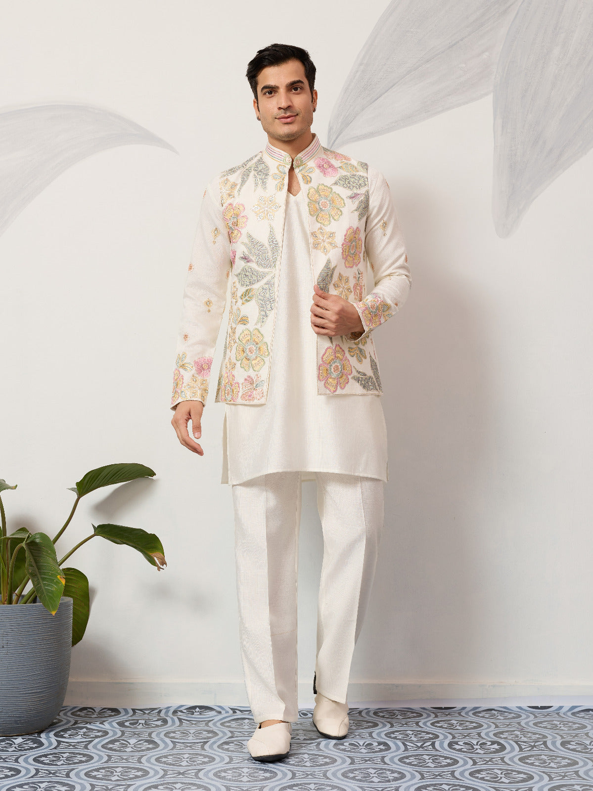 Carnival Function White Koti Kurta Pair for Mens Wea