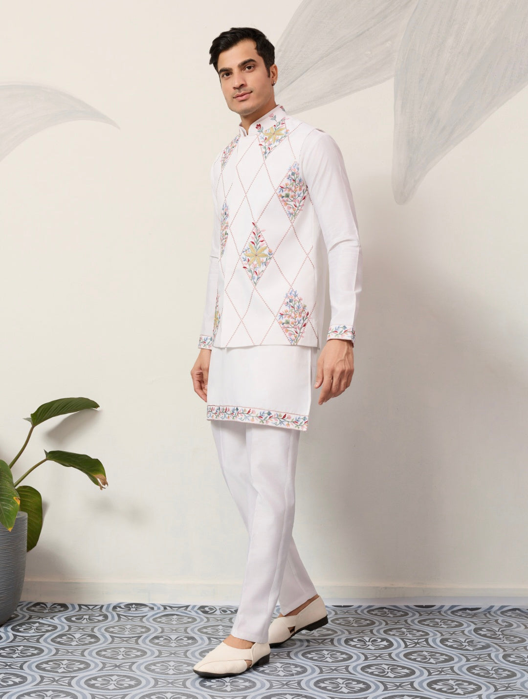 Elegant Wedding Special White Koti Kurta Pajama Set