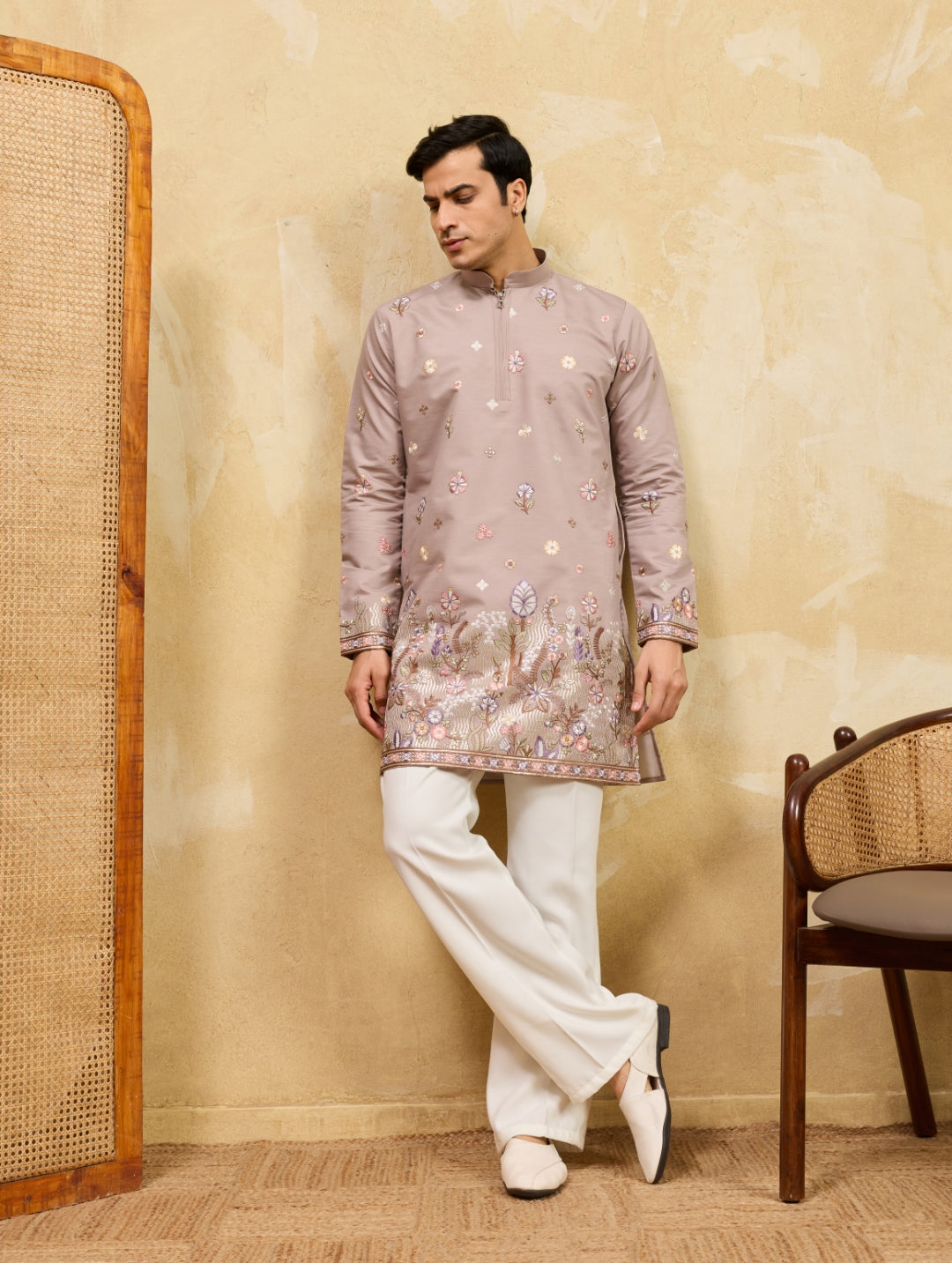 Elegant Beige Embroidered Kurta Set