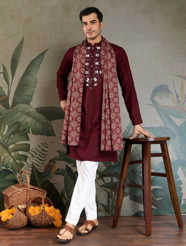 Traditional Maroon Mirror Embroidered Kurta with Dupatta