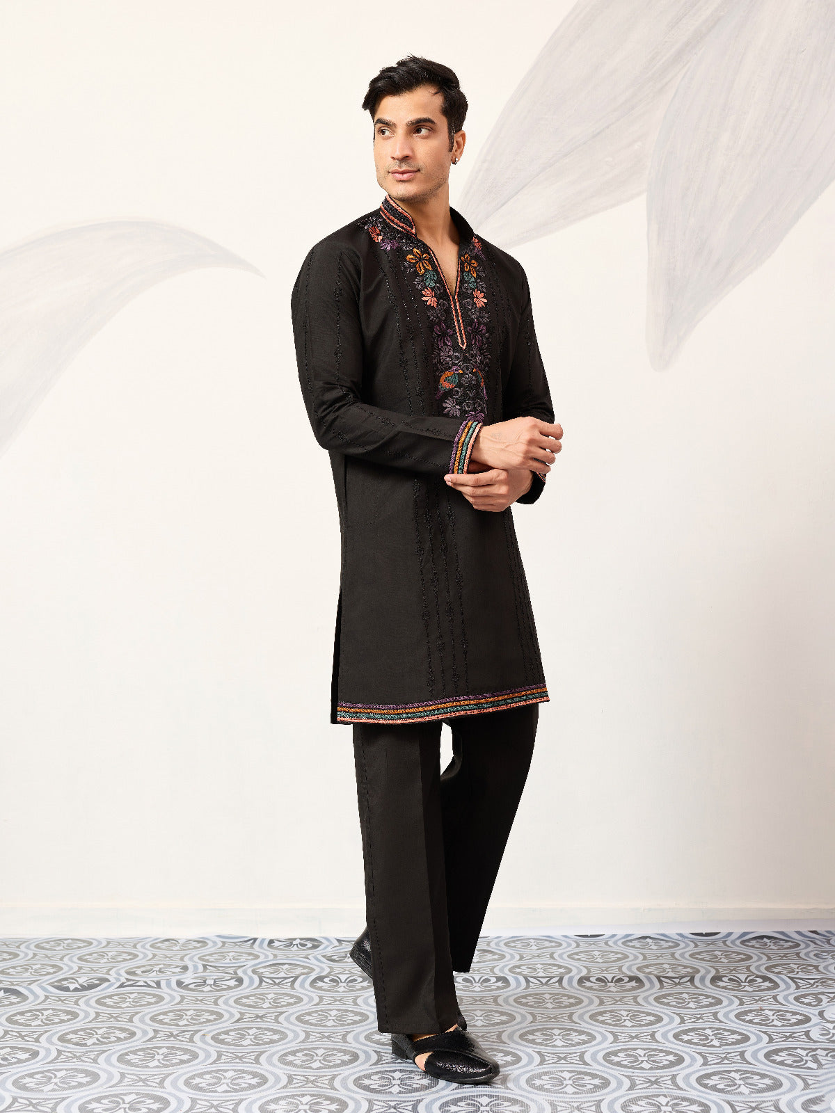 Party Wear Black V Neck Style Kurta Pant for Mens Wear