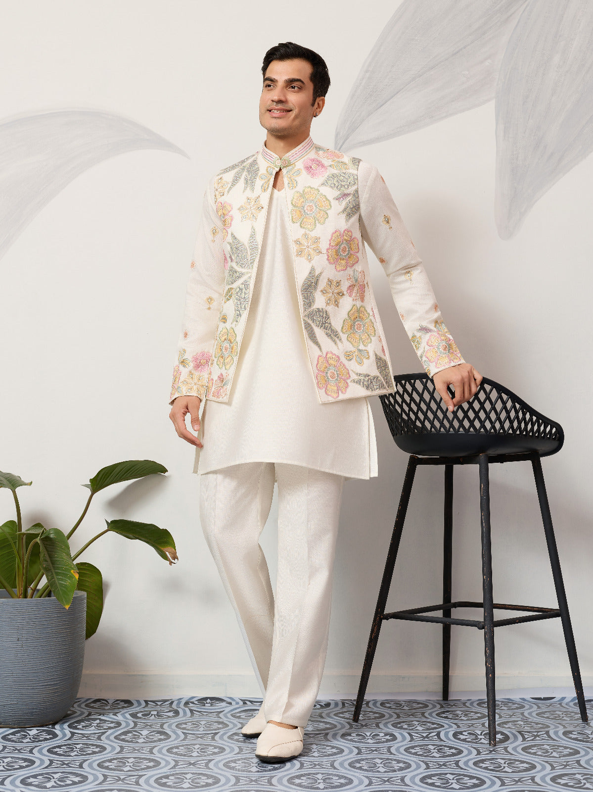 Carnival Function White Koti Kurta Pair for Mens Wea