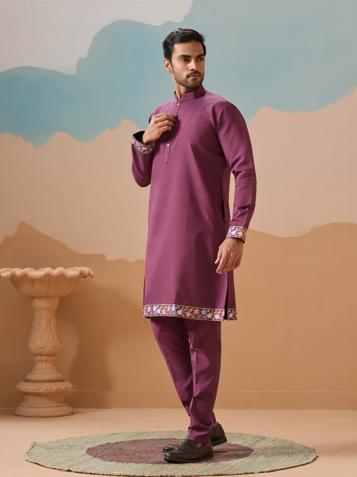 Dusty Color Embroidered Koti Kurta with Pant for Mens