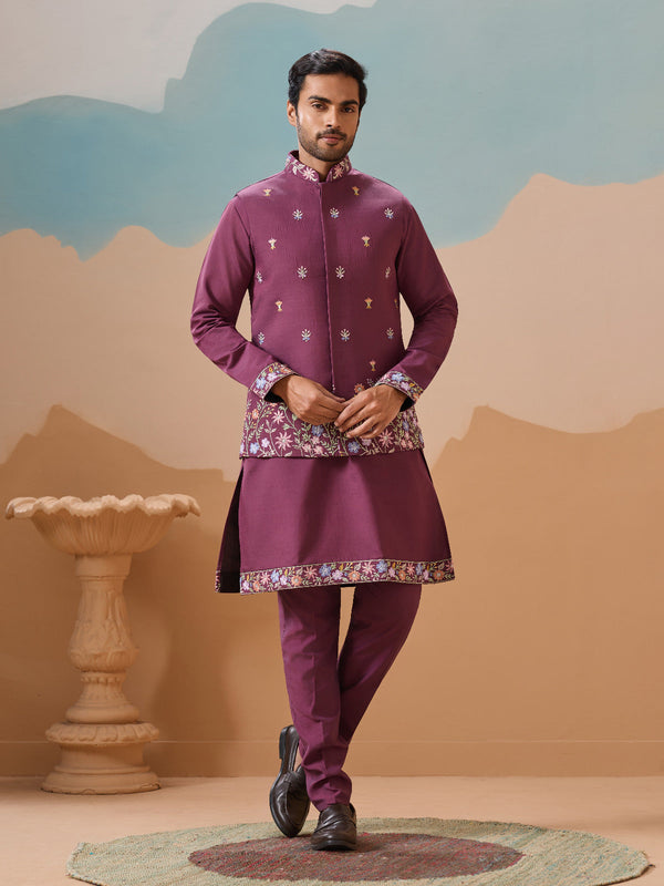 Dusty Color Embroidered Koti Kurta with Pant for Mens