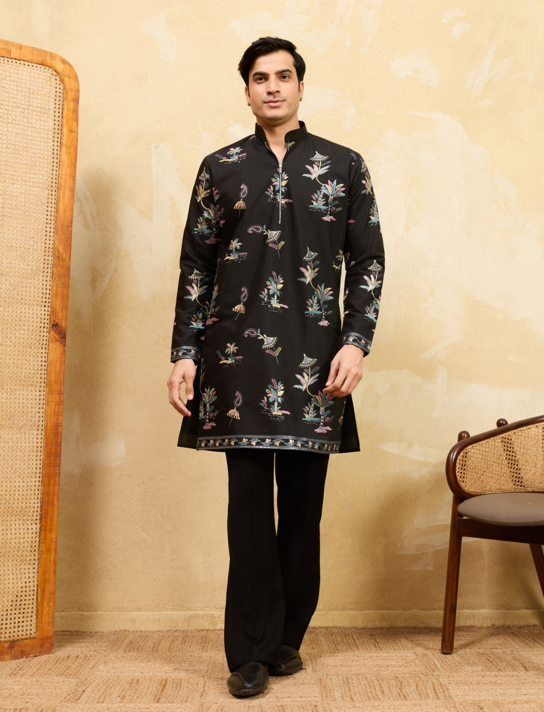Premium Black Floral Embroidered for Men – Festive