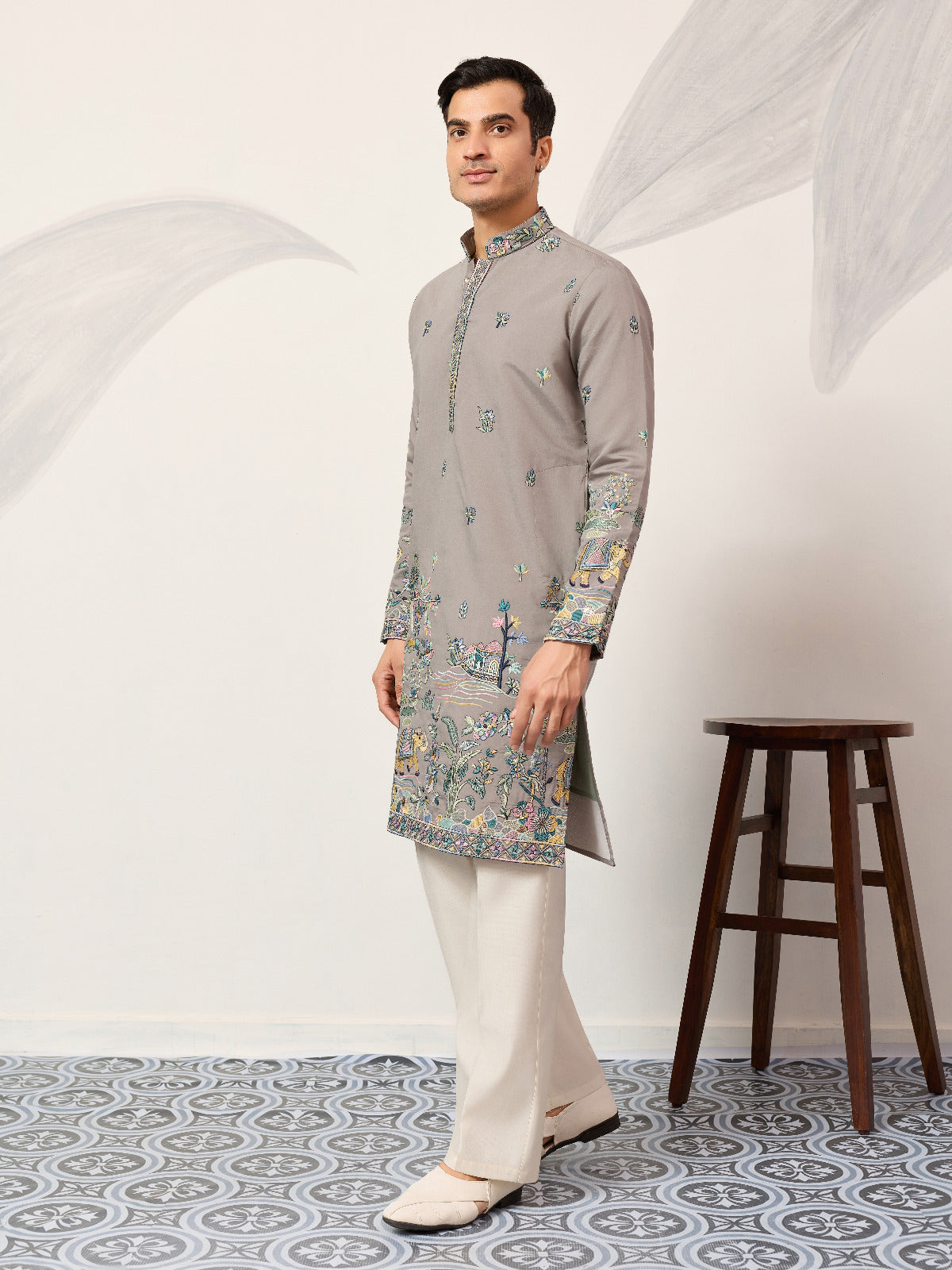 Wedding Traditional Look Grey Kurta for Mens Wear