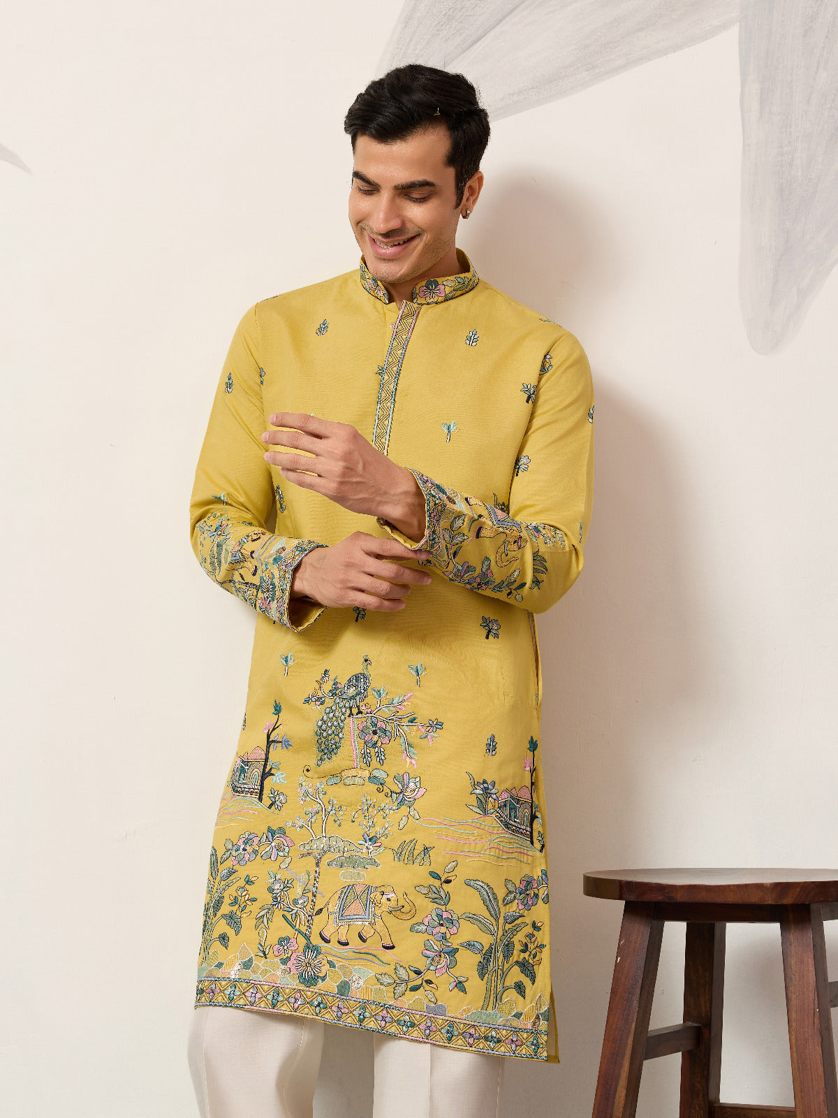 Yellow Thread & Sequin Embroidered Kurta Set for Mens