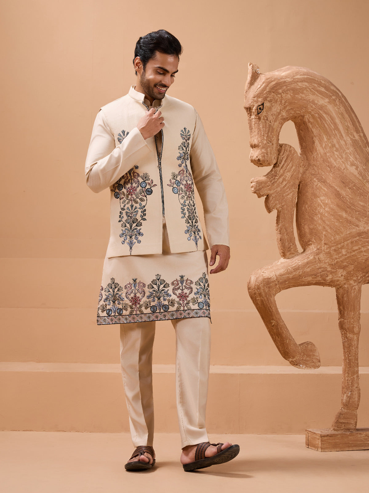 Tendy Beige Wedding Special Koti Kurta Set for Mens Wear