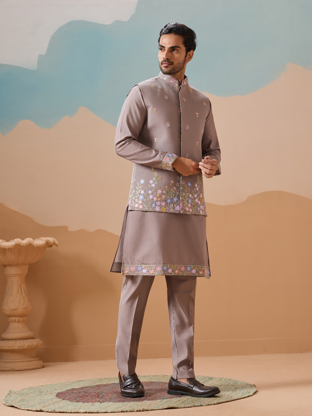 Elegant Grey Embroidered Koti Kurta Pant for Mens Vendor