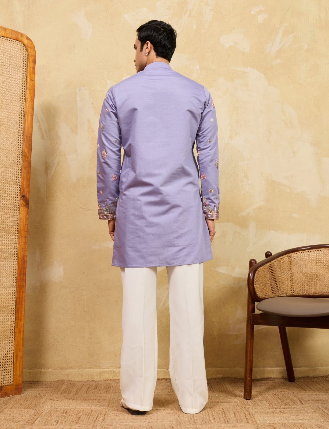 Men's SOFT LAVENDER Viscose Silk Kurta with Threads & Sequin Embroidery