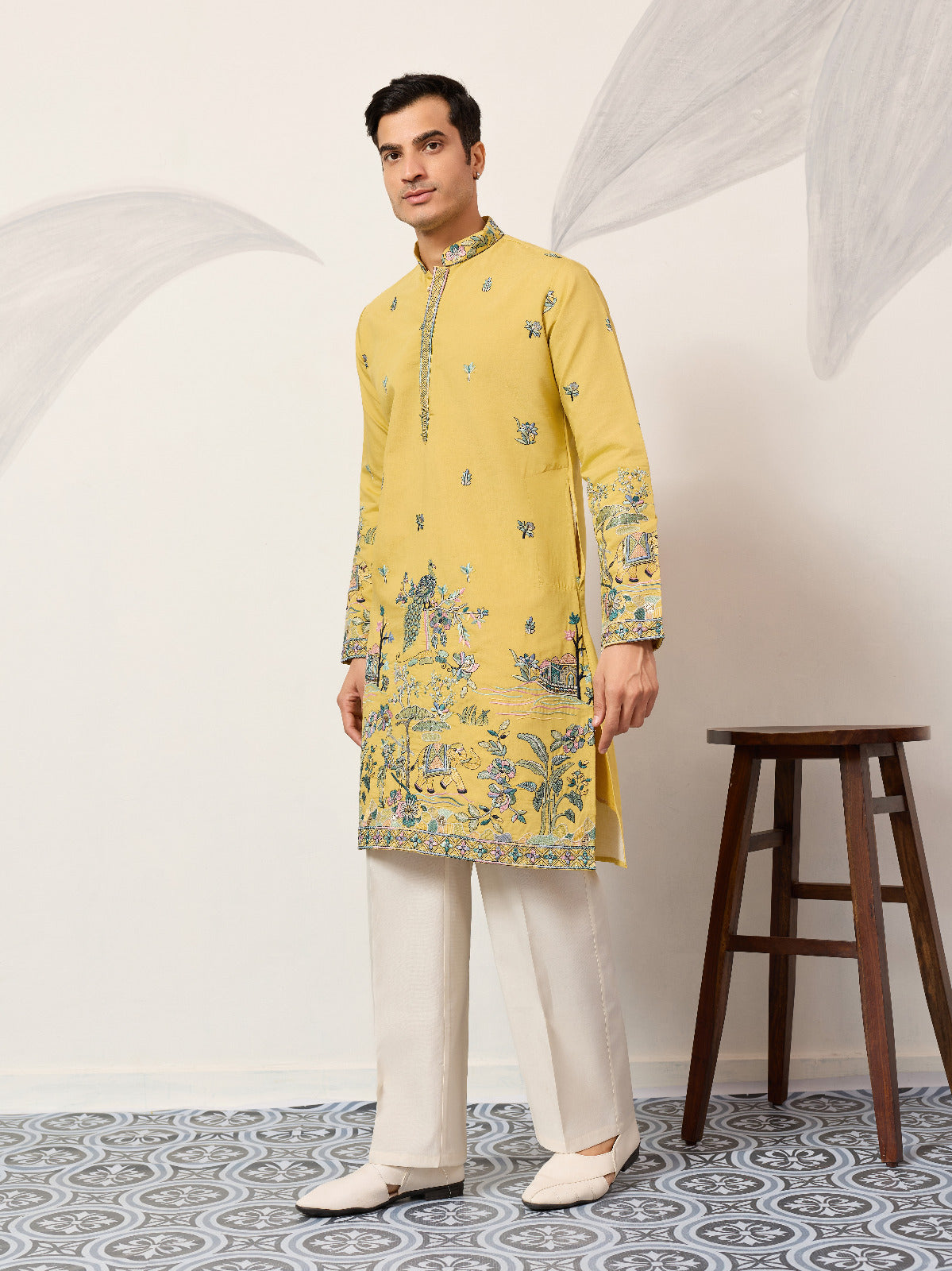 Yellow Thread & Sequin Embroidered Kurta Set for Mens