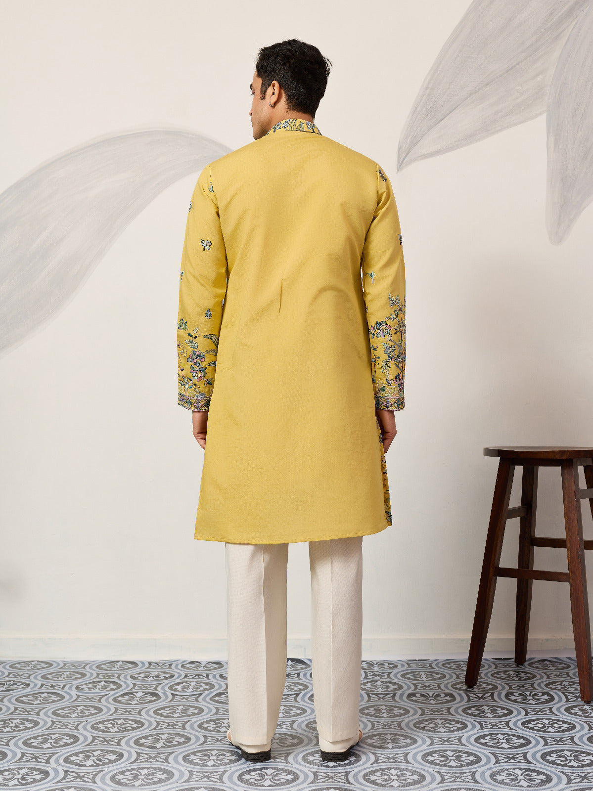 Yellow Thread & Sequin Embroidered Kurta Set for Mens