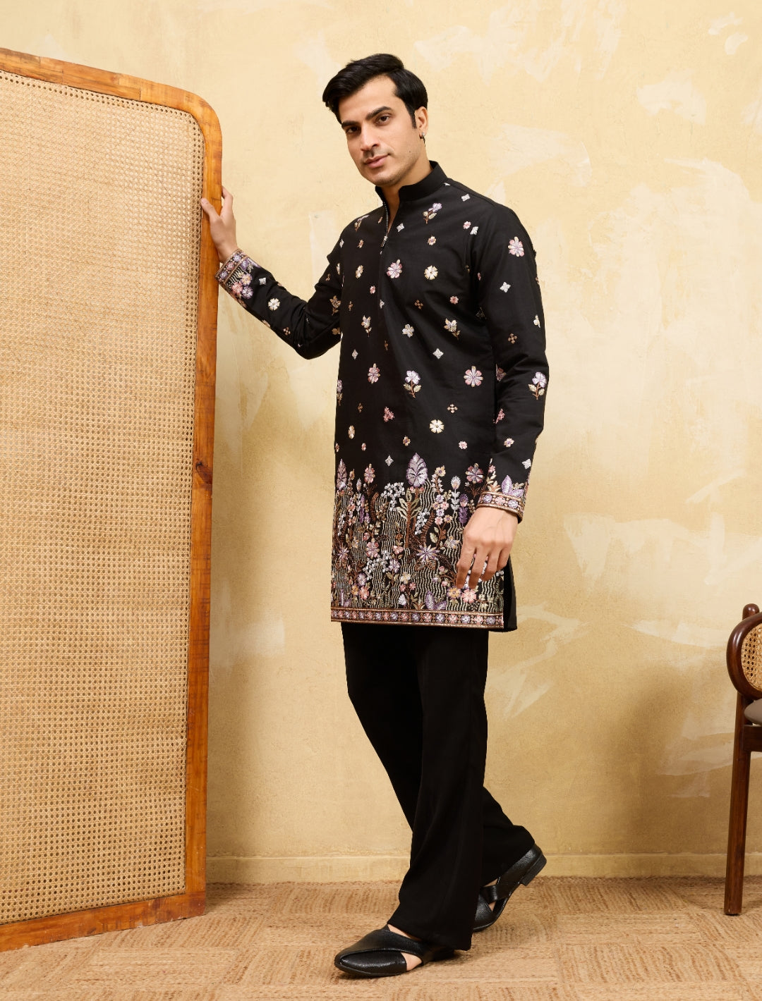 Midnight Elegance in Floral Embroidery Black kurta