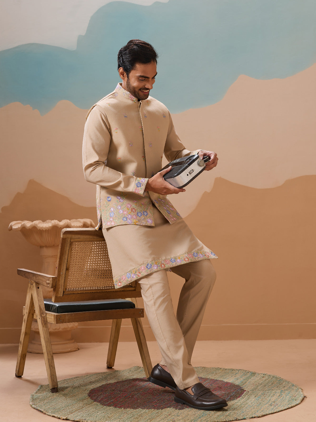 Celebration Beige Kurta Koti Pant Wedding Outfit for Men