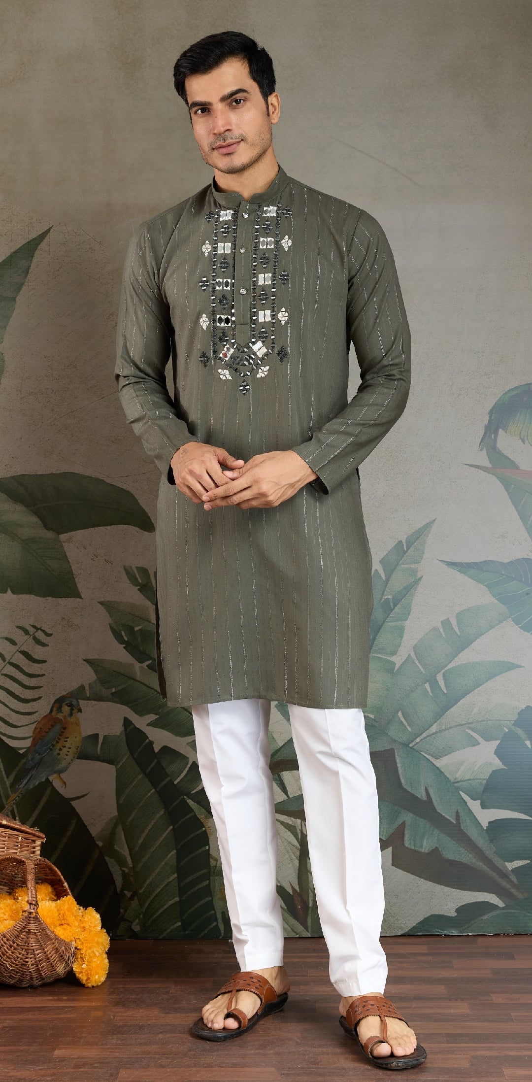 Premium Olive Green Mirror Work Kurta with Dupatta for Occasions