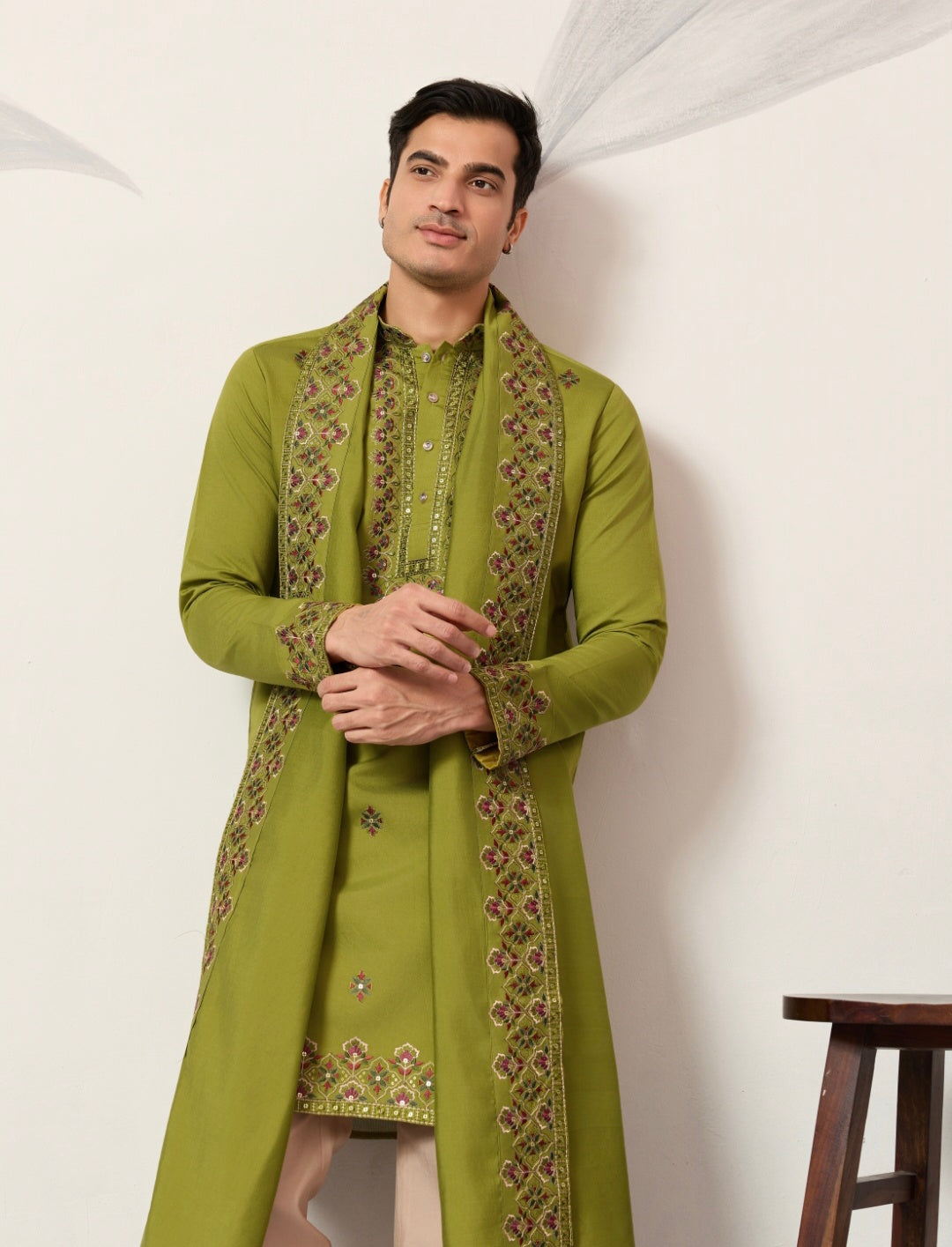Classic Wedding Fluorescent Green Mens Wear Kurta with Dupatta