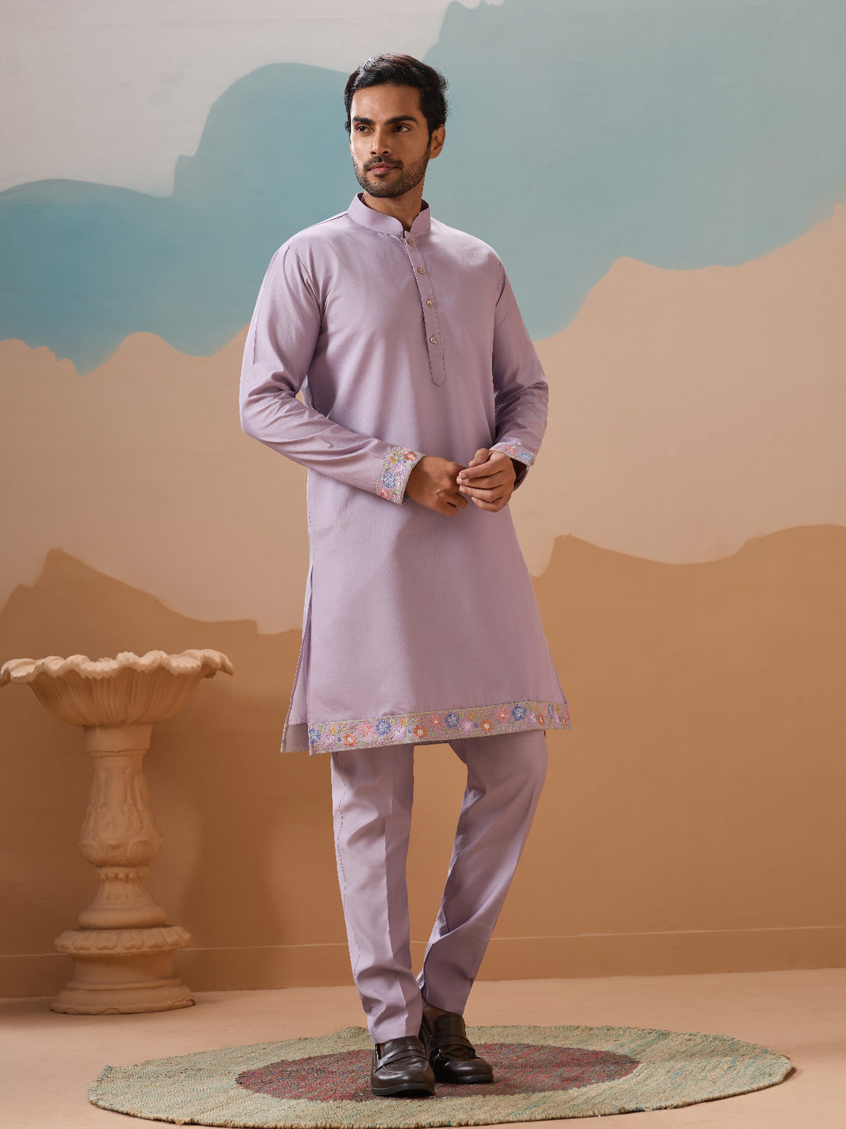 Trendy Lavender Wedding Celebration Beige Kurta Koti Pant Mens