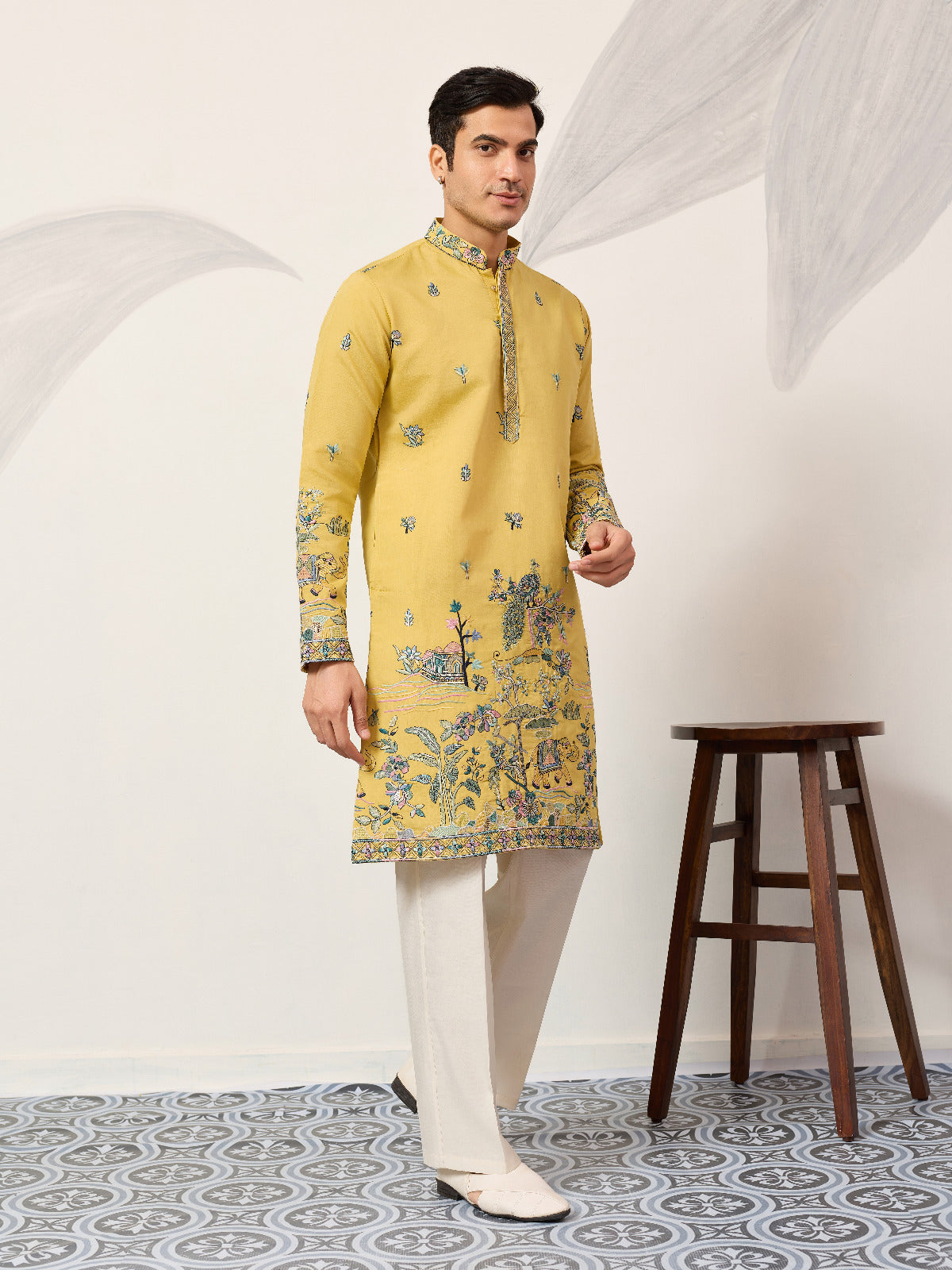 Yellow Thread & Sequin Embroidered Kurta Set for Mens