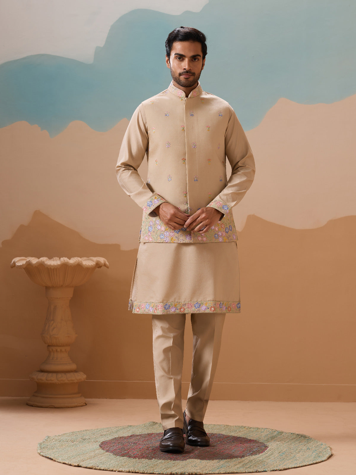 Celebration Beige Kurta Koti Pant Wedding Outfit for Men