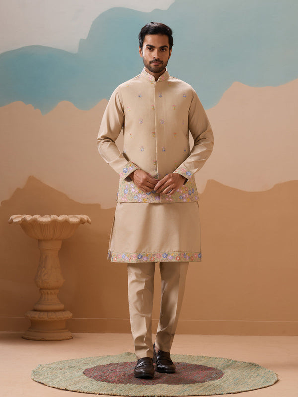 Celebration Beige Kurta Koti Pant Wedding Outfit for Men