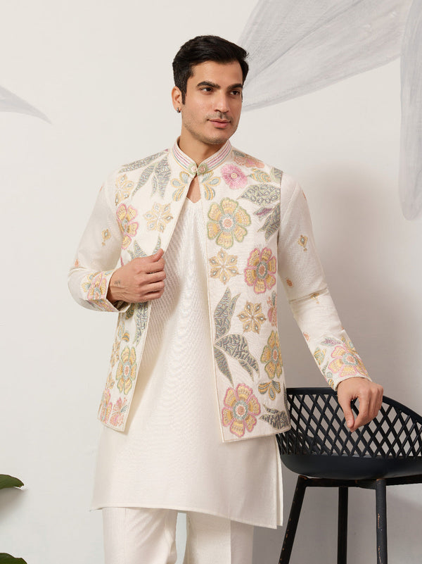 Carnival Function White Koti Kurta Pair for Mens Wea