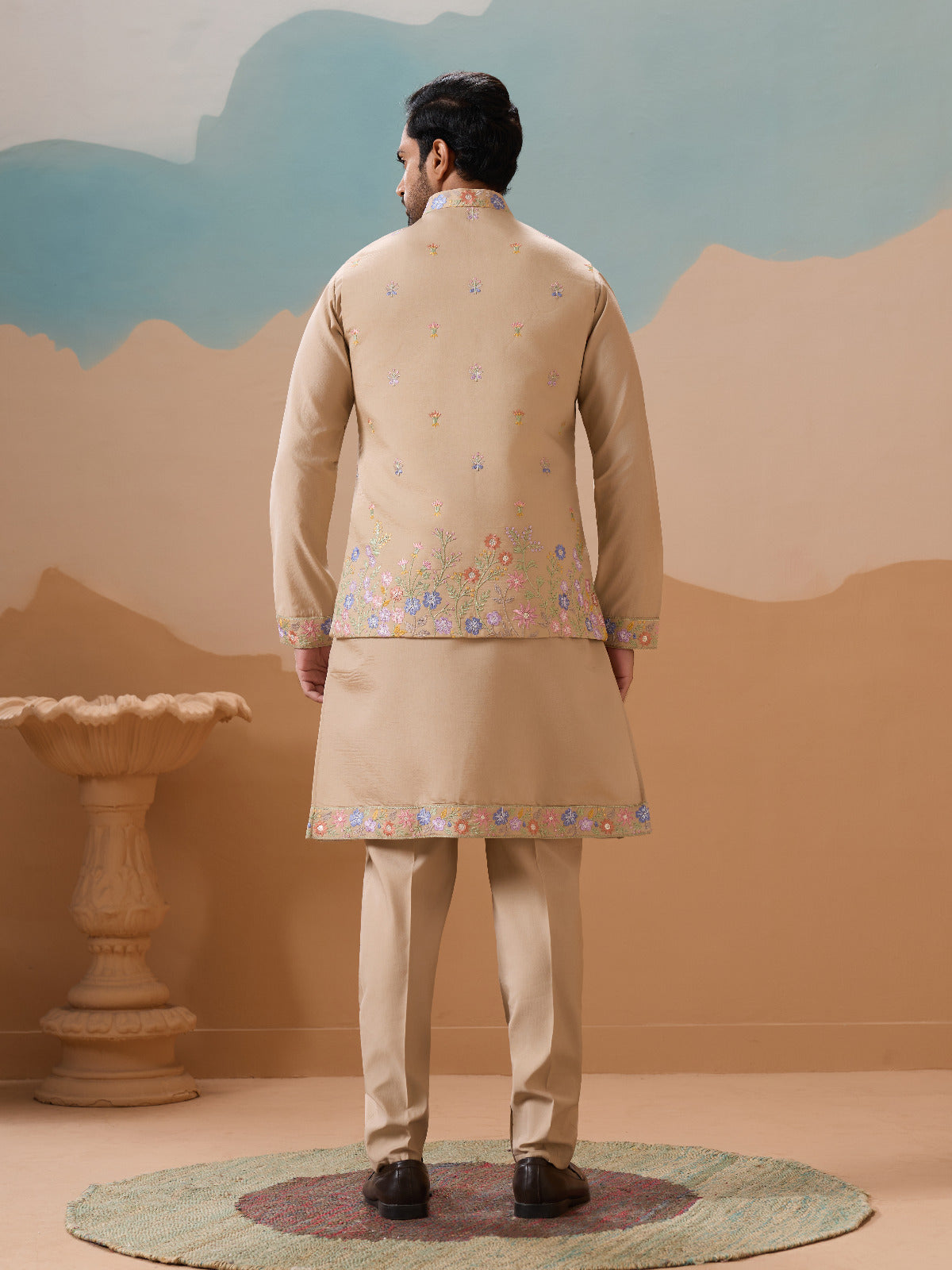 Celebration Beige Kurta Koti Pant Wedding Outfit for Men
