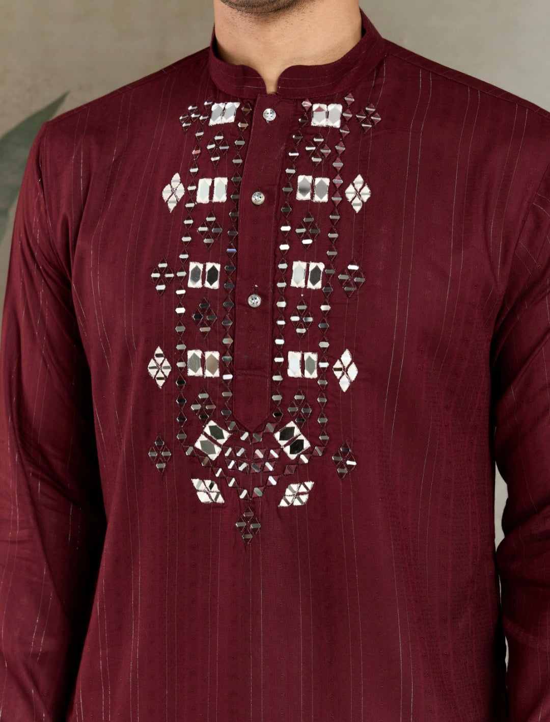 Traditional Maroon Mirror Embroidered Kurta with Dupatta