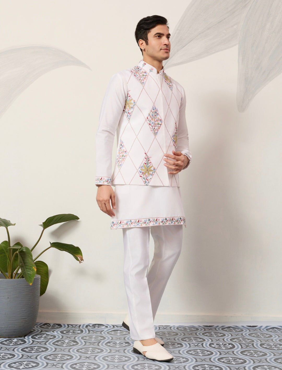 Elegant Wedding Special White Koti Kurta Pajama Set