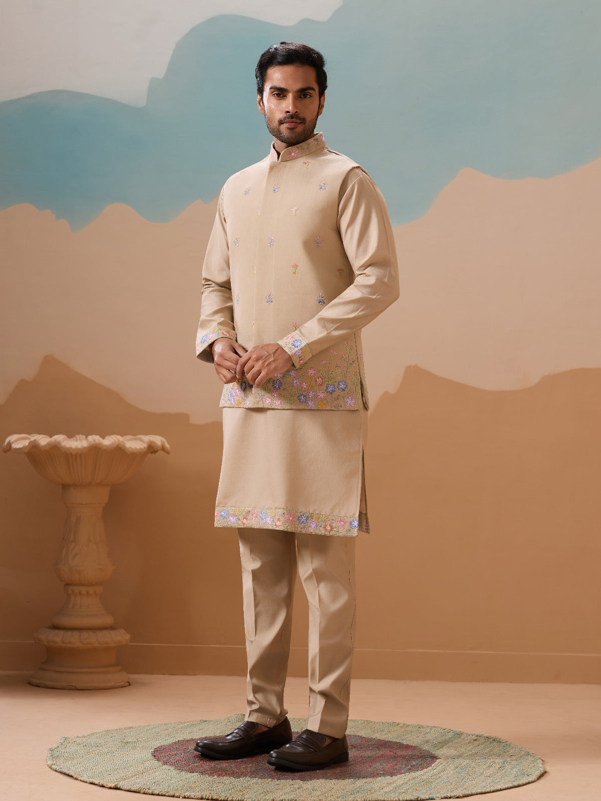 Celebration Beige Kurta Koti Pant Wedding Outfit for Men