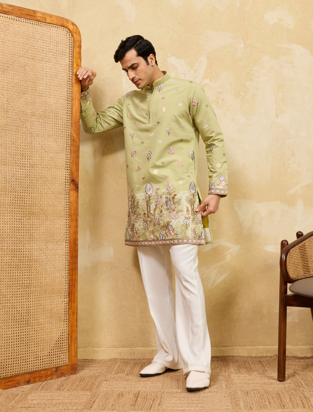 Pista Green Viscose Silk Embroidered Kurta Set