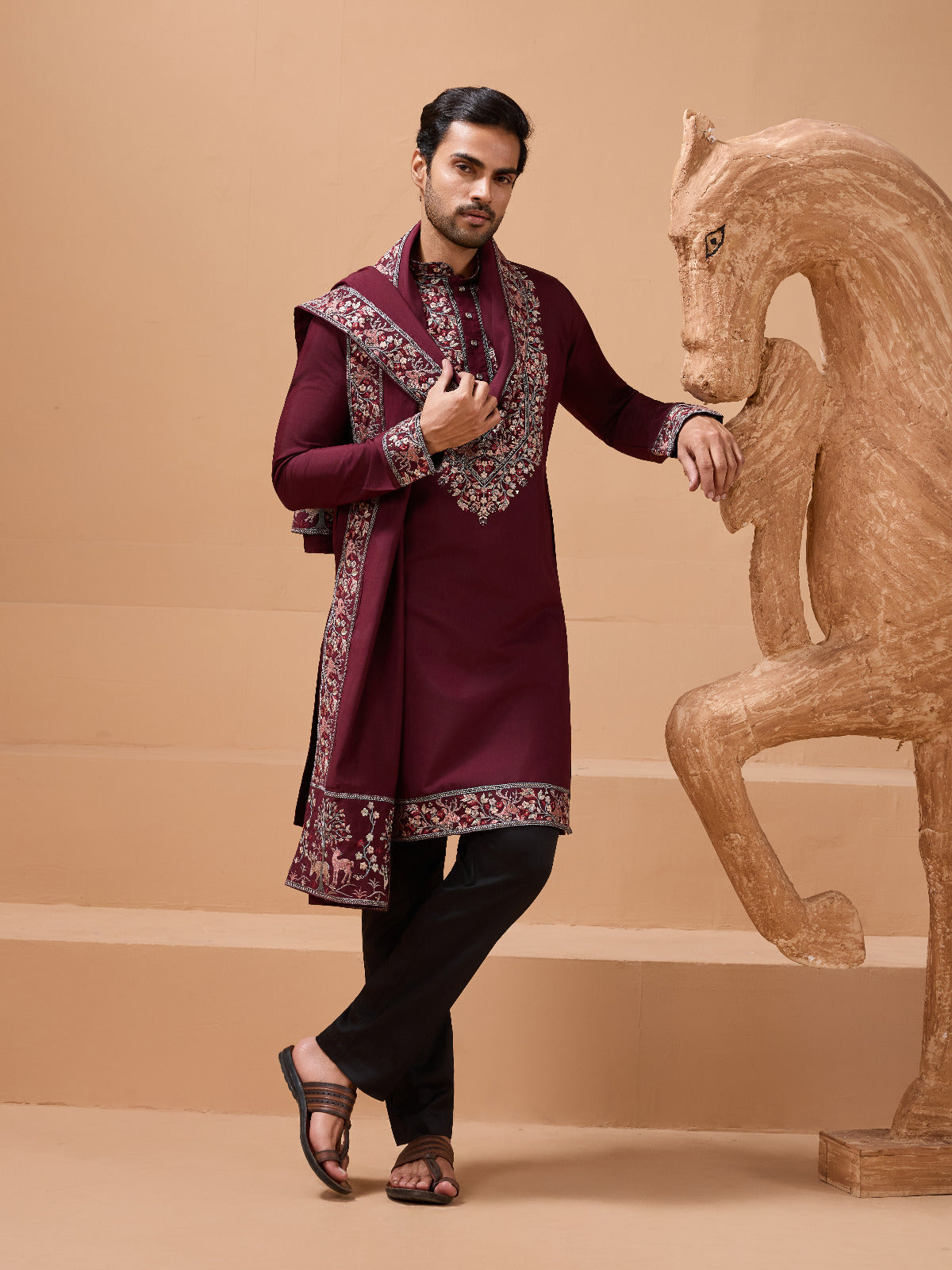 Latest Signature Maroon Kurta and Dupatta for Mens Wea