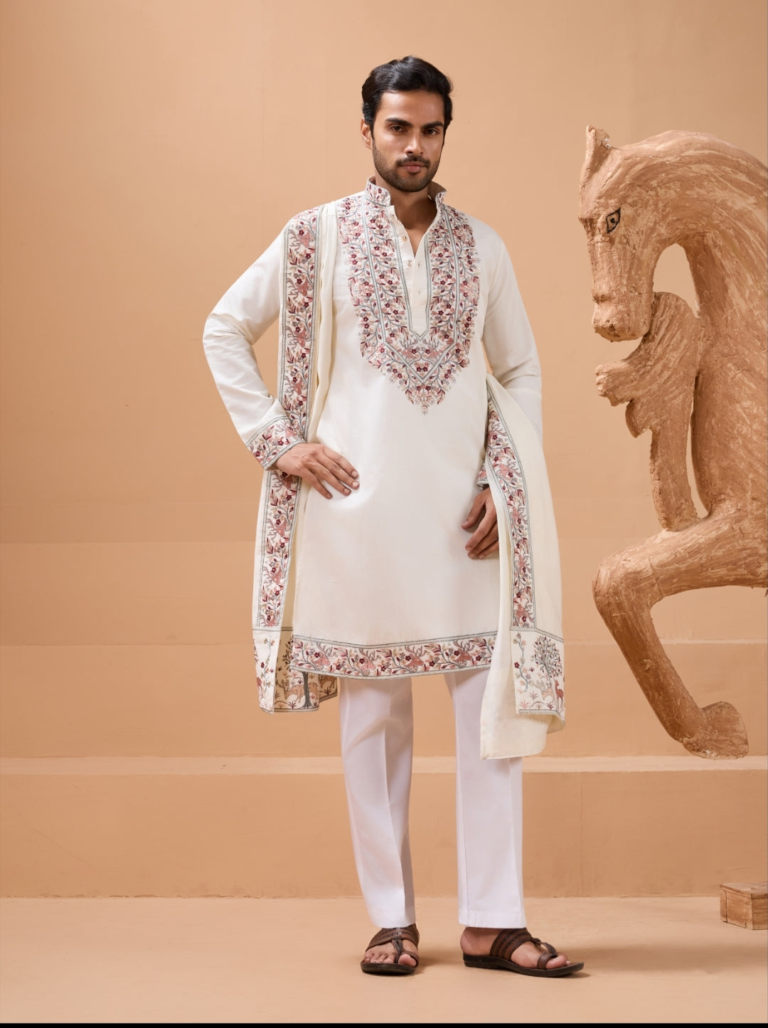 Vibrant Look White Kurta Dupatta Set for Mens Wear