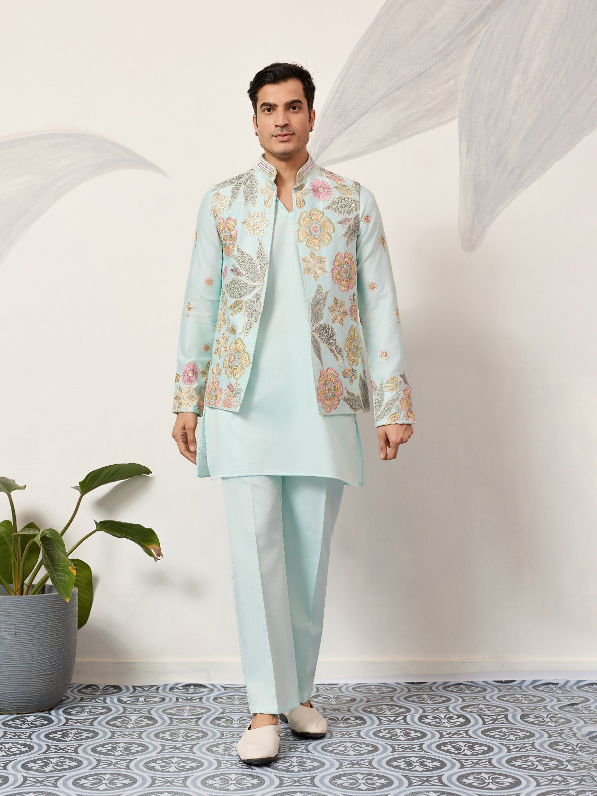 Luxury Wedding & Carnival Wear Pista Green Koti Kurta for Men