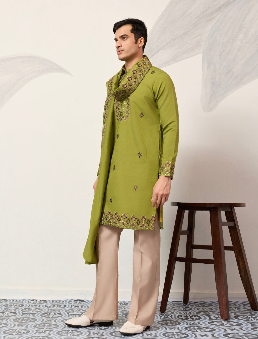 Classic Wedding Fluorescent Green Mens Wear Kurta with Dupatta