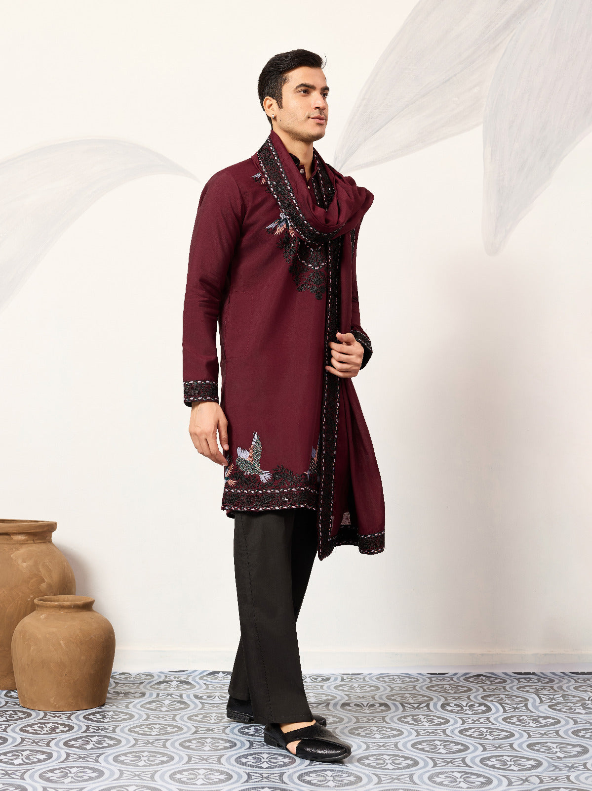 Vibrant Maroon Festive Kurta with Dupatta Set for Groom's Tribe