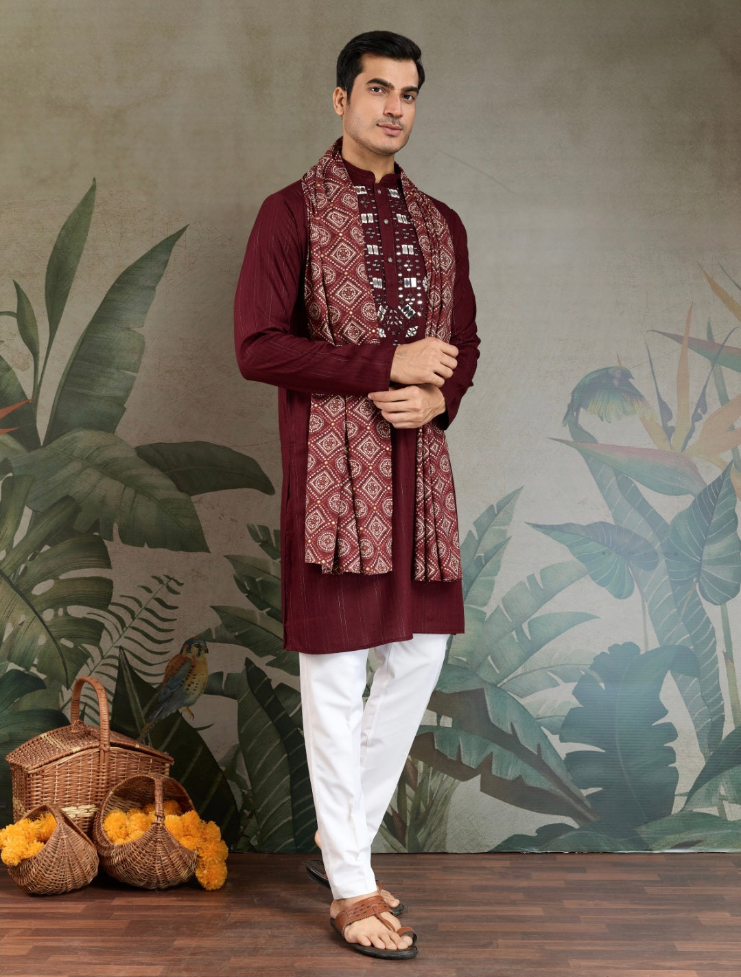 Traditional Maroon Mirror Embroidered Kurta with Dupatta
