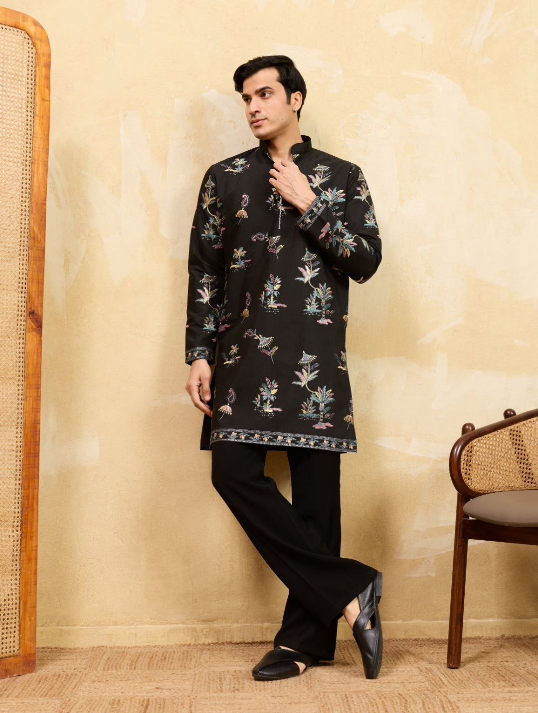 Premium Black Floral Embroidered for Men – Festive