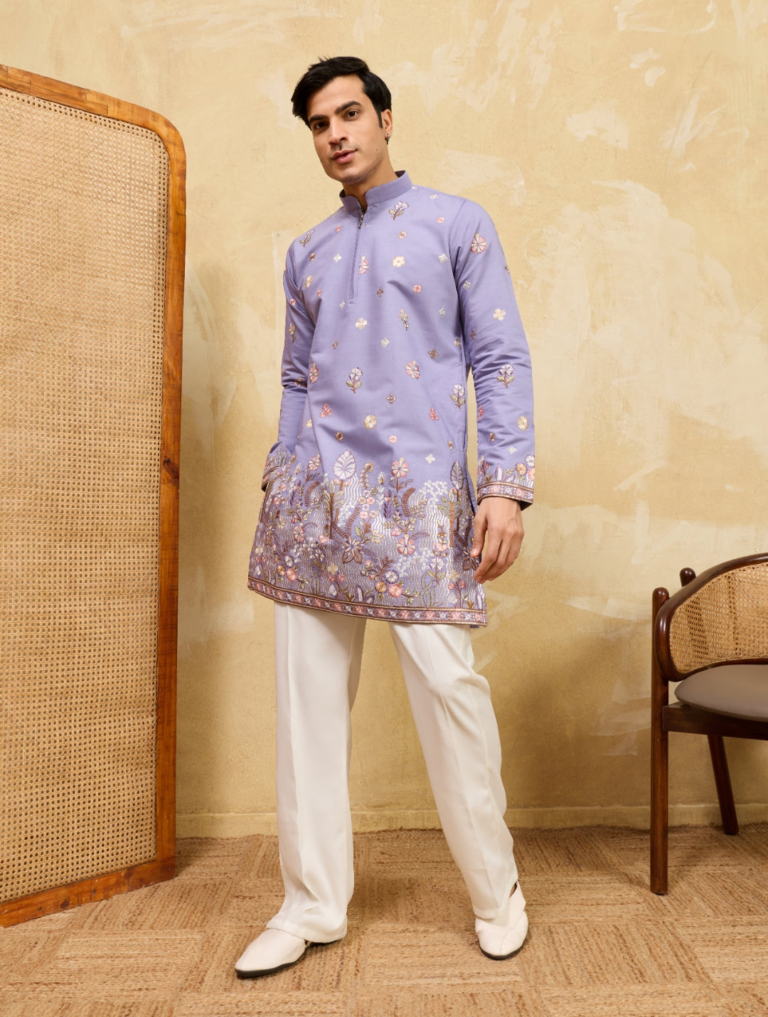 Men's SOFT LAVENDER Viscose Silk Kurta with Threads & Sequin Embroidery
