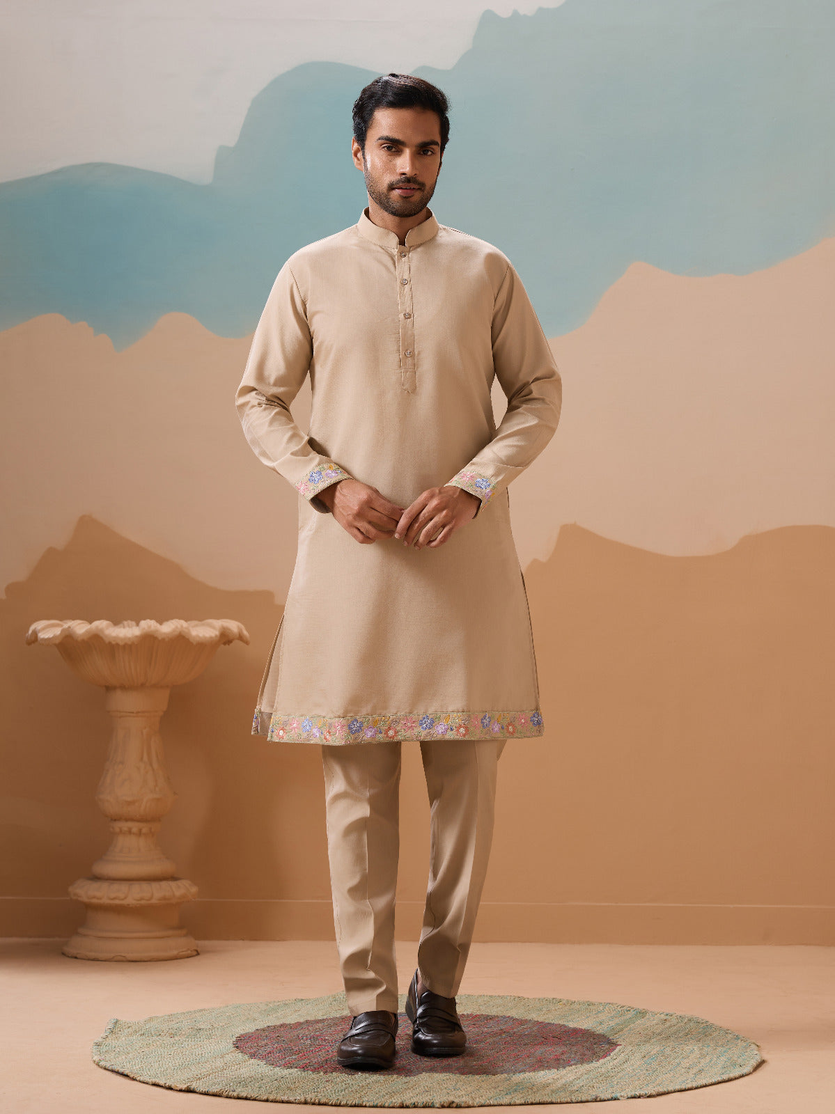 Celebration Beige Kurta Koti Pant Wedding Outfit for Men