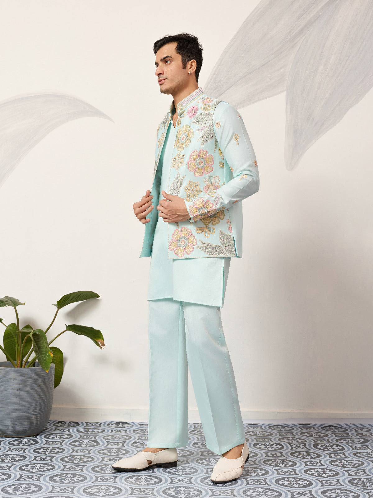 Luxury Wedding & Carnival Wear Pista Green Koti Kurta for Men