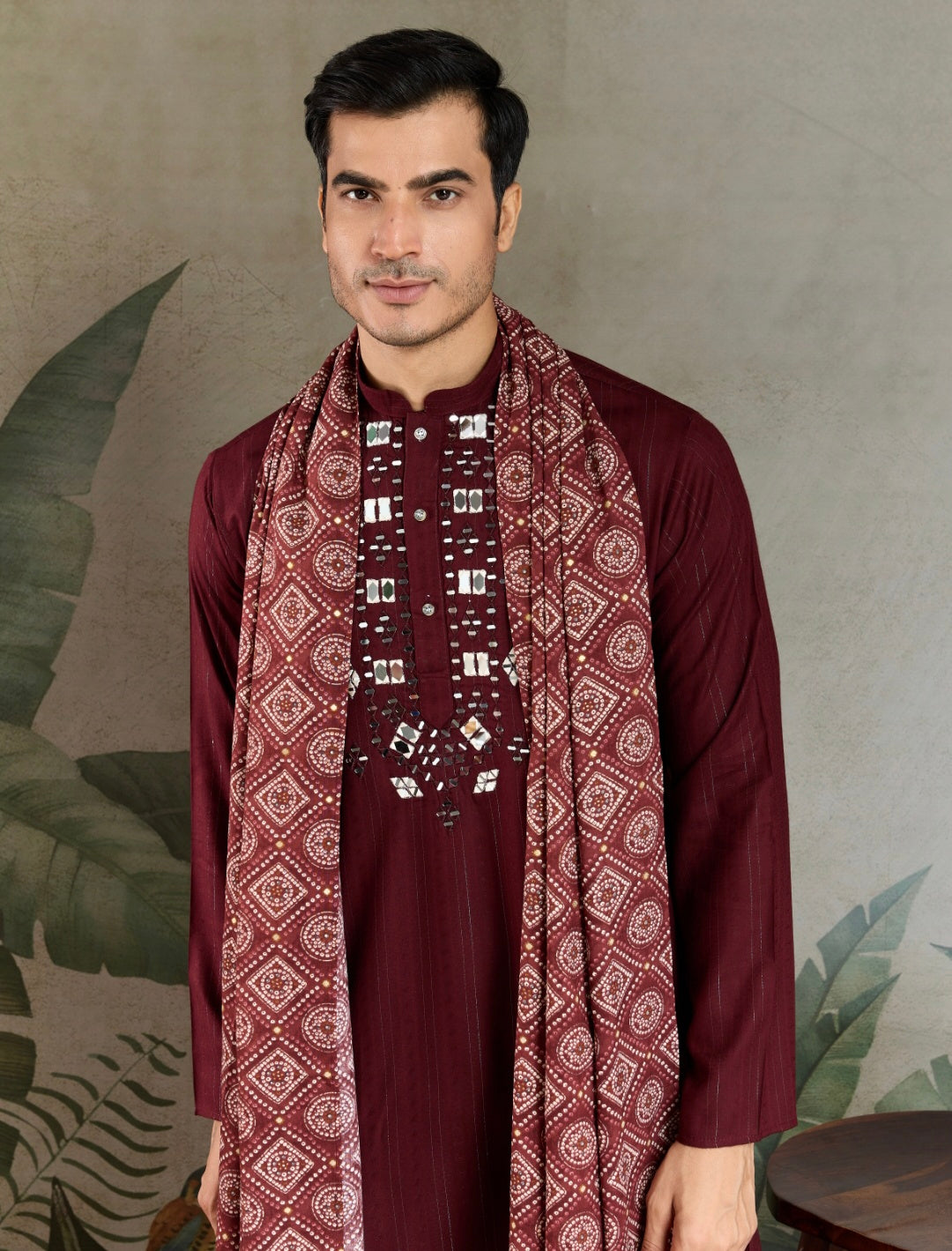 Traditional Maroon Mirror Embroidered Kurta with Dupatta