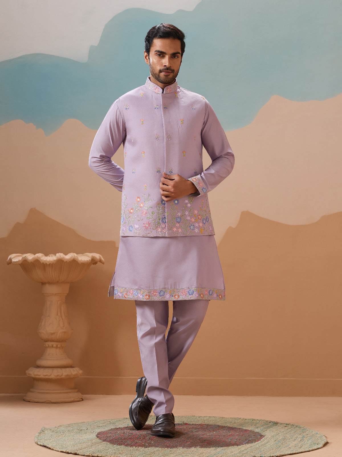Trendy Lavender Wedding Celebration Beige Kurta Koti Pant Mens