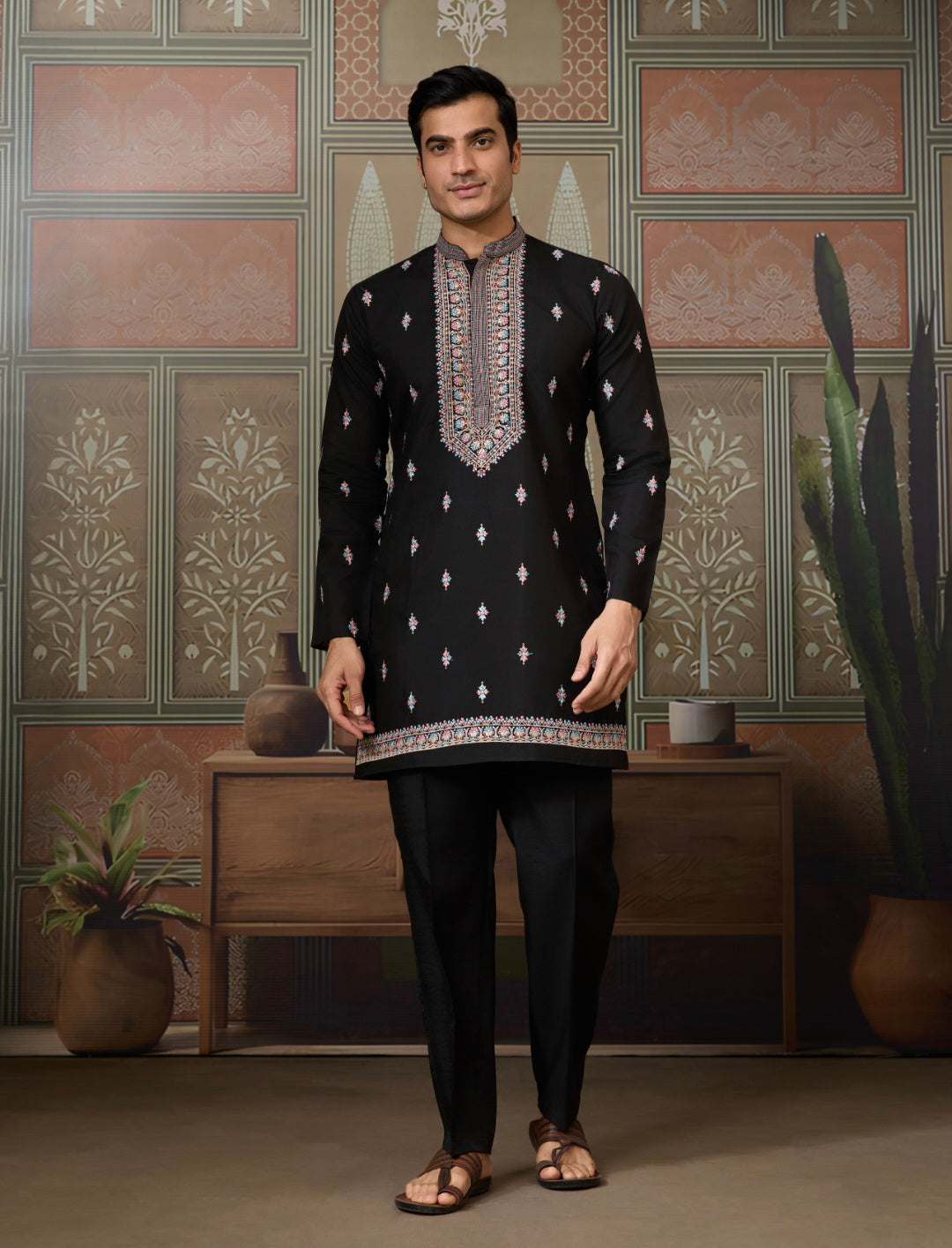 Black Mens Kurta with Stylish Koti for Wedding Wear