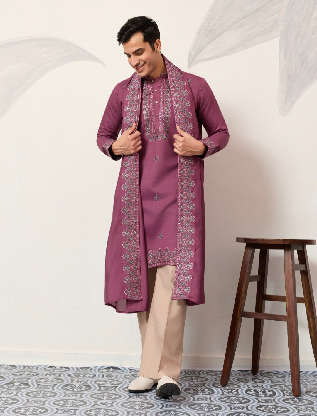 Trendy Pink Color Kurta with Dupatta for Mens Wear